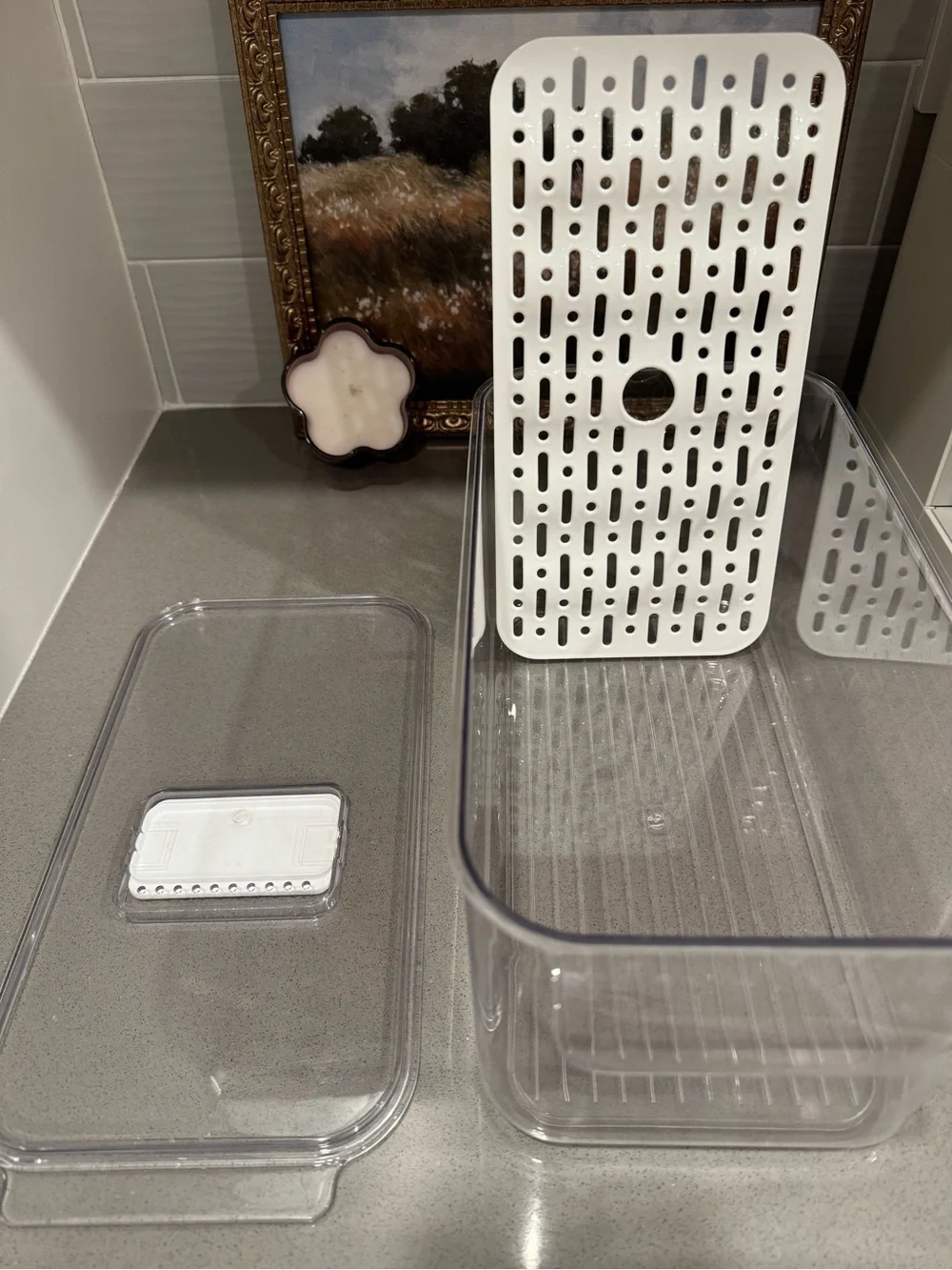 Clear Plastic Kitchen Storage Container with White Drain Tray